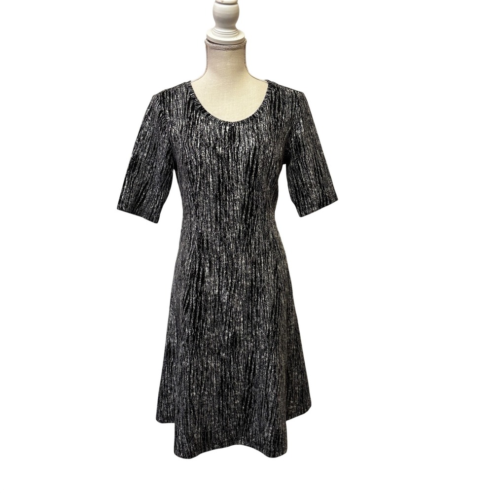 H by Halston A-Line Dress Women Small Black White Abstract Short Sleeve